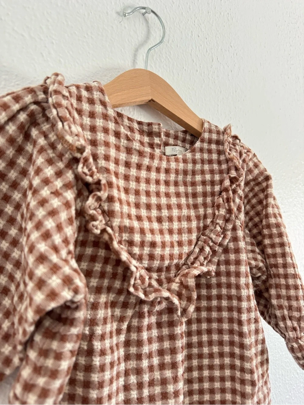 Rylee & Cru Gingham Ruffle Baby Romper in Brown and Cream